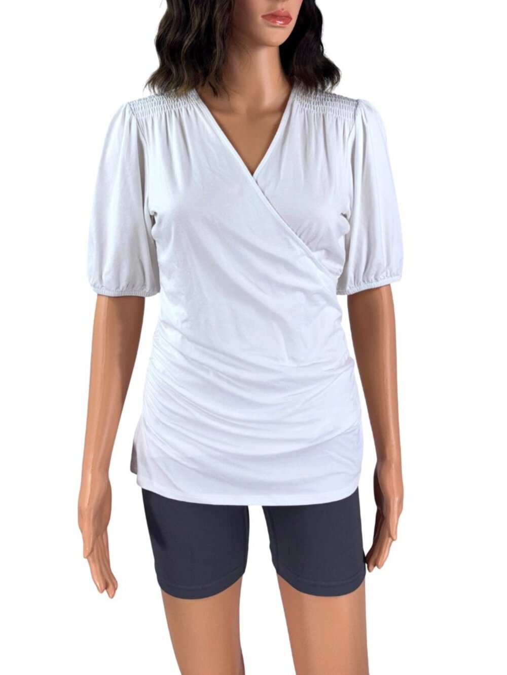 Boden White Faux Wrap Top Size 8 Puff Sleeve Smocked Shoulder Ruched Waist